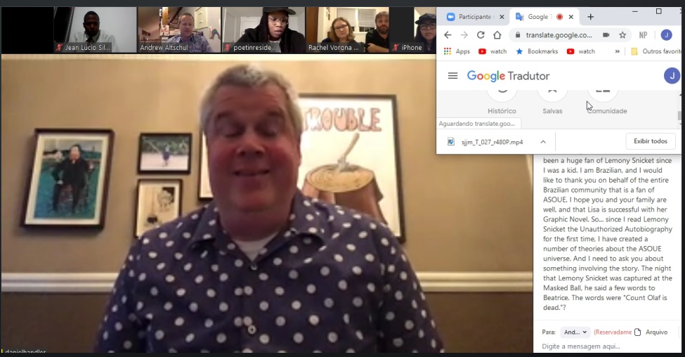 Me (in the upper right corner) with Daniel Handler in the same room as Zoom. And my inappropriate question in the right corner.